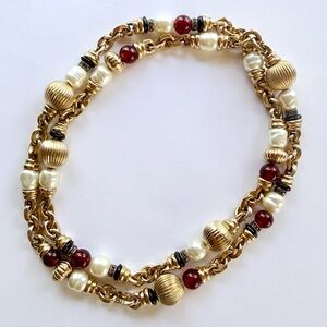 Vintage Ciner Faux Pearl Rhinestone Rondelle Gold Melon Red Glass Bead Necklace